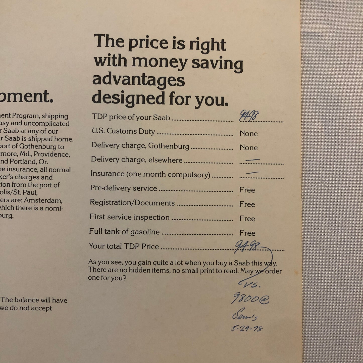 Vintage Saab Tourist Delivery Program Sales Brochure Catalog 99 EMS Turbo +