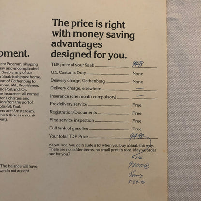 Vintage Saab Tourist Delivery Program Sales Brochure Catalog 99 EMS Turbo +