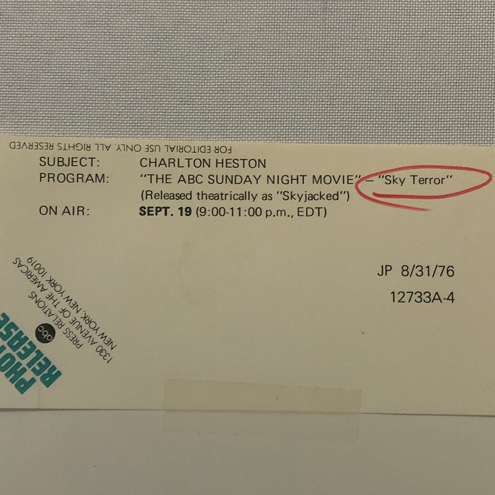 Charlton Heston Sky Terror Movie Film Press Photo Photograph Actor Vintage ABC