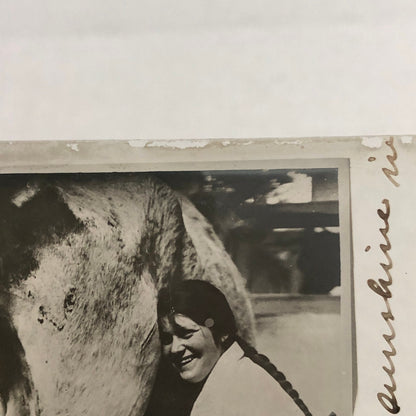 Antique Glass Plate Photo Slide Positive Woman Milking Cow Farm Barn