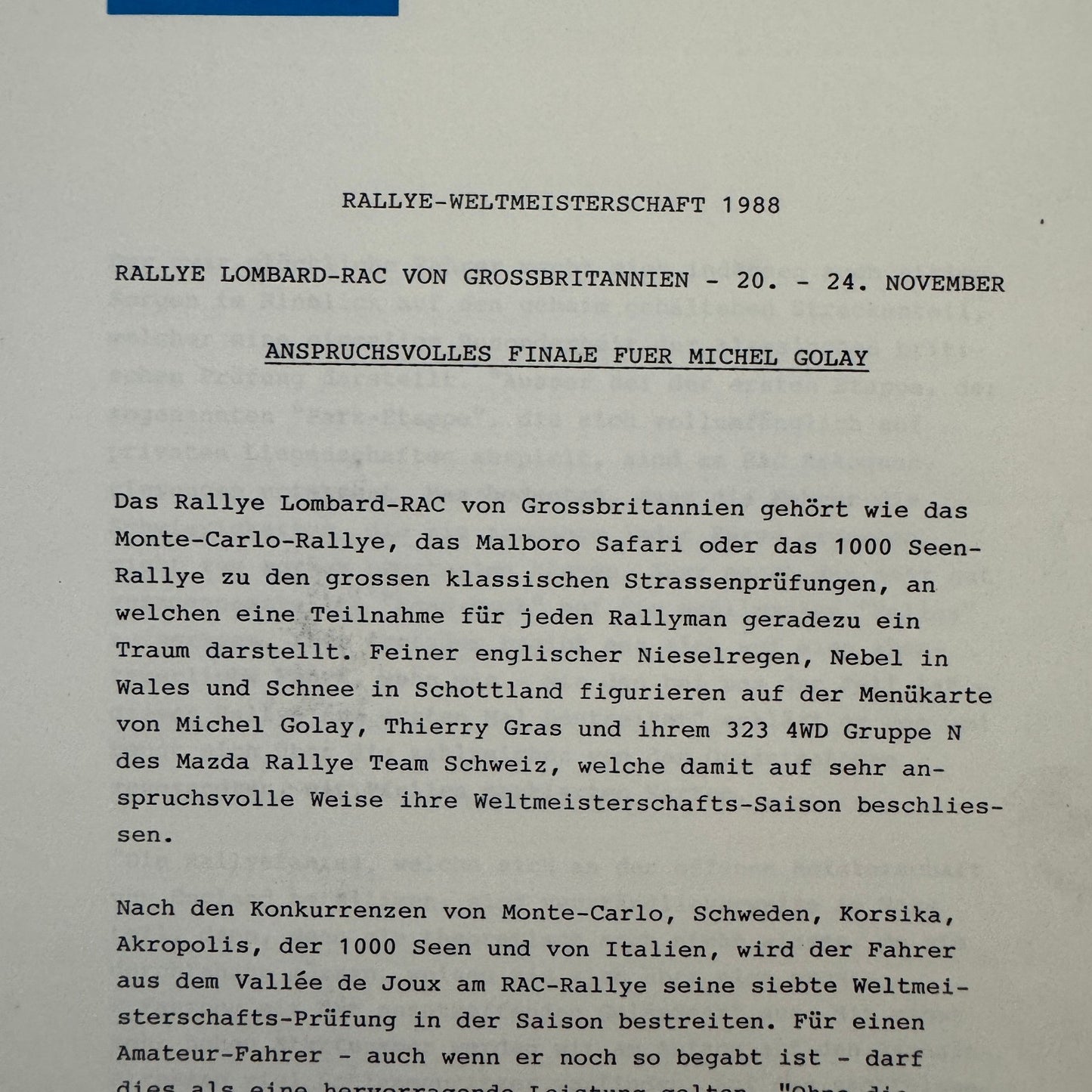 1988 Mazda Rallye Racing Press Release Document Lot 2x Mazda 323 German Text