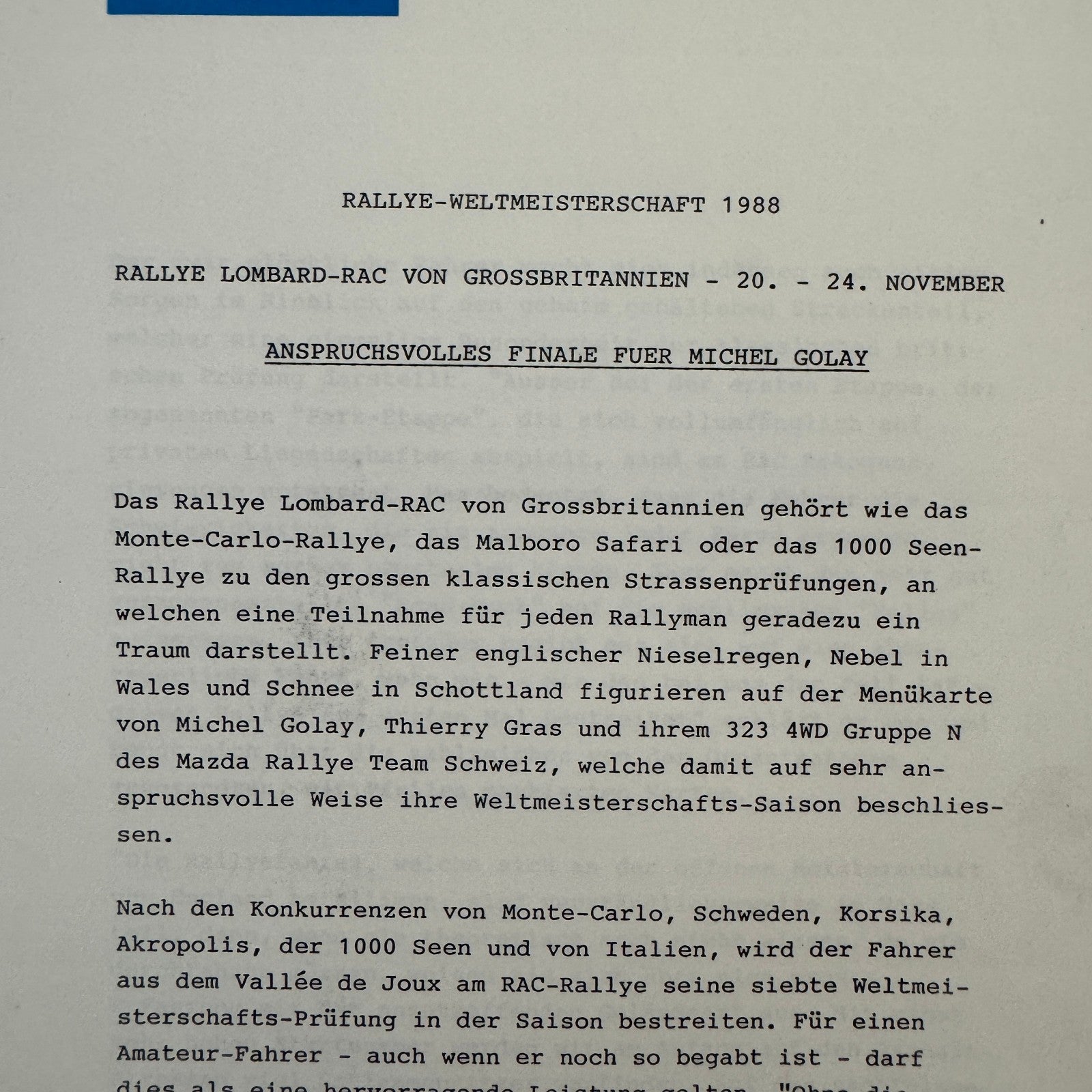 1988 Mazda Rallye Racing Press Release Document Lot 2x Mazda 323 German Text