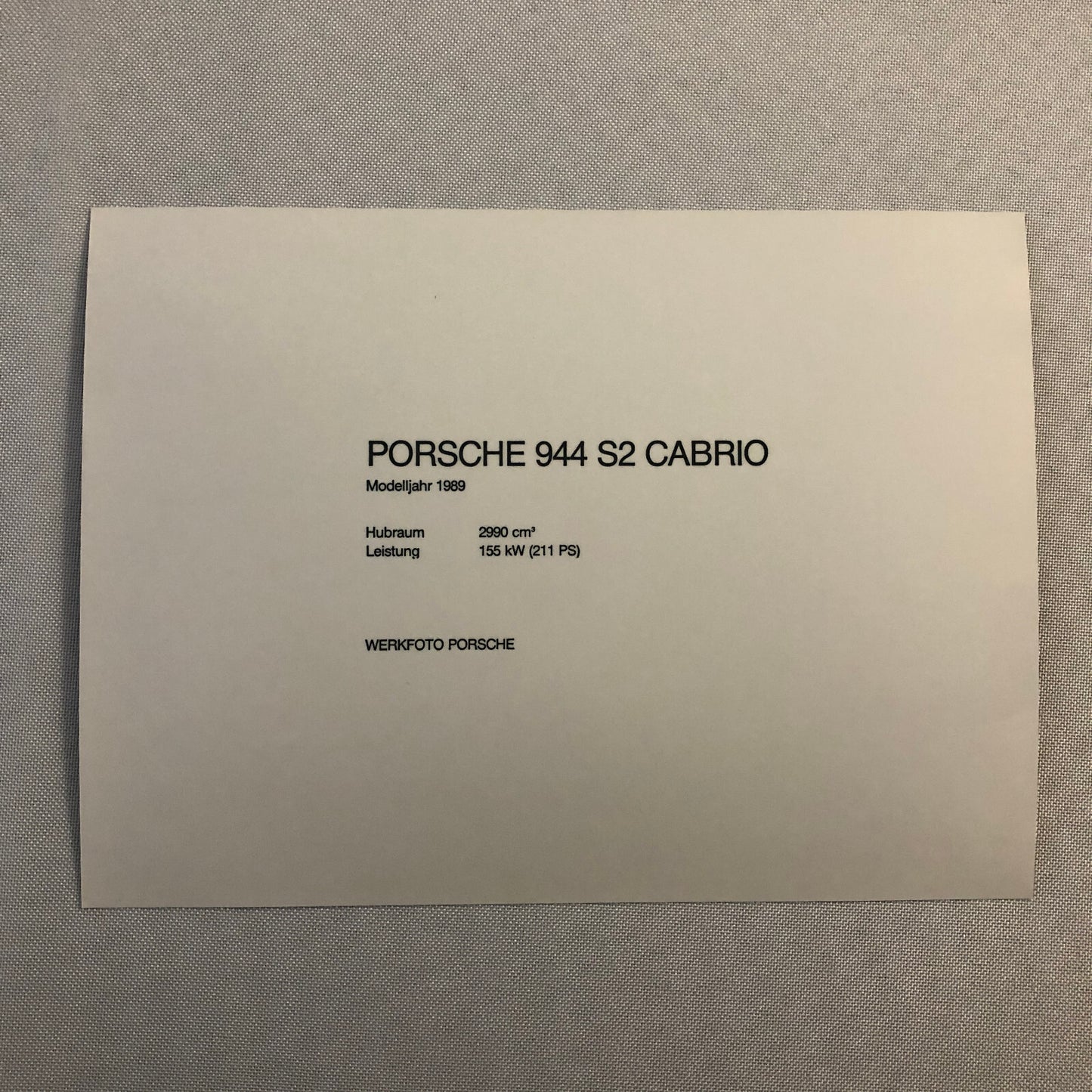1989 Porsche 944 S2 Cabriolet Factory Press Photo Photograph Werkfoto