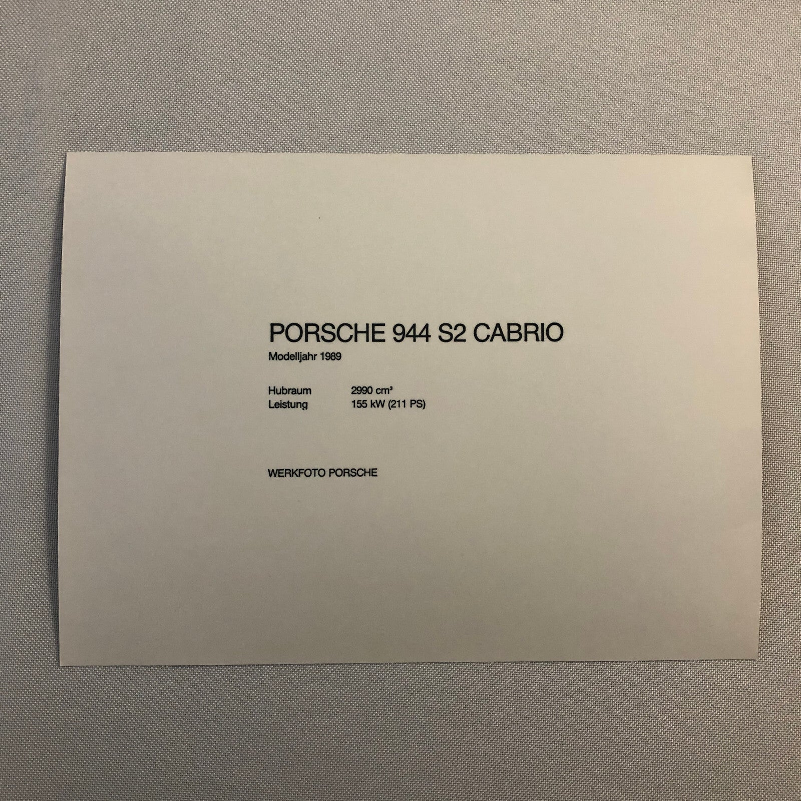 1989 Porsche 944 S2 Cabriolet Factory Press Photo Photograph Werkfoto