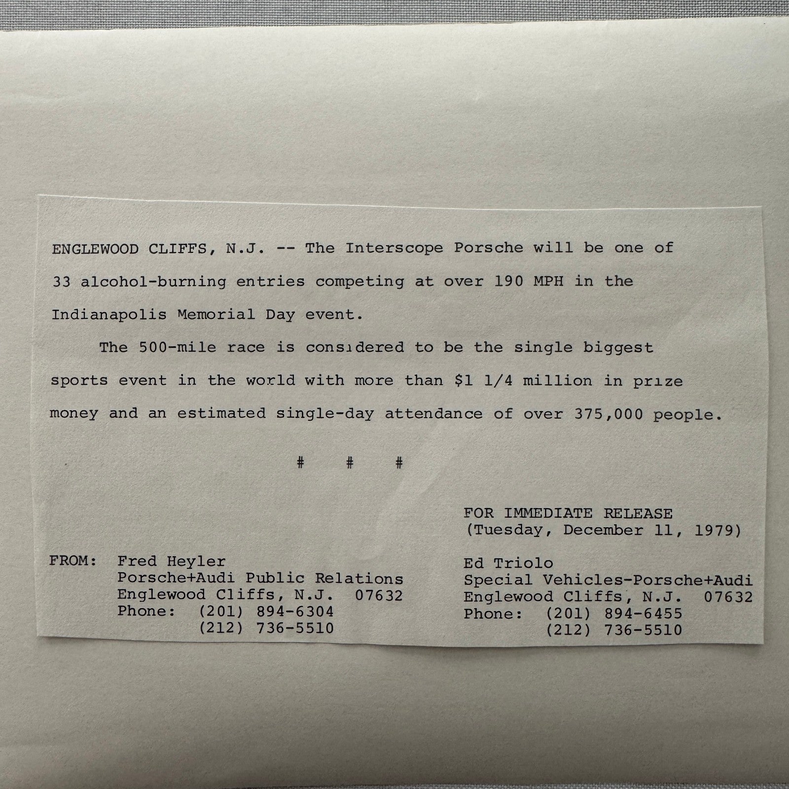 Porsche Interscope Indy Racing Car Factory Press Photo Photograph 1979