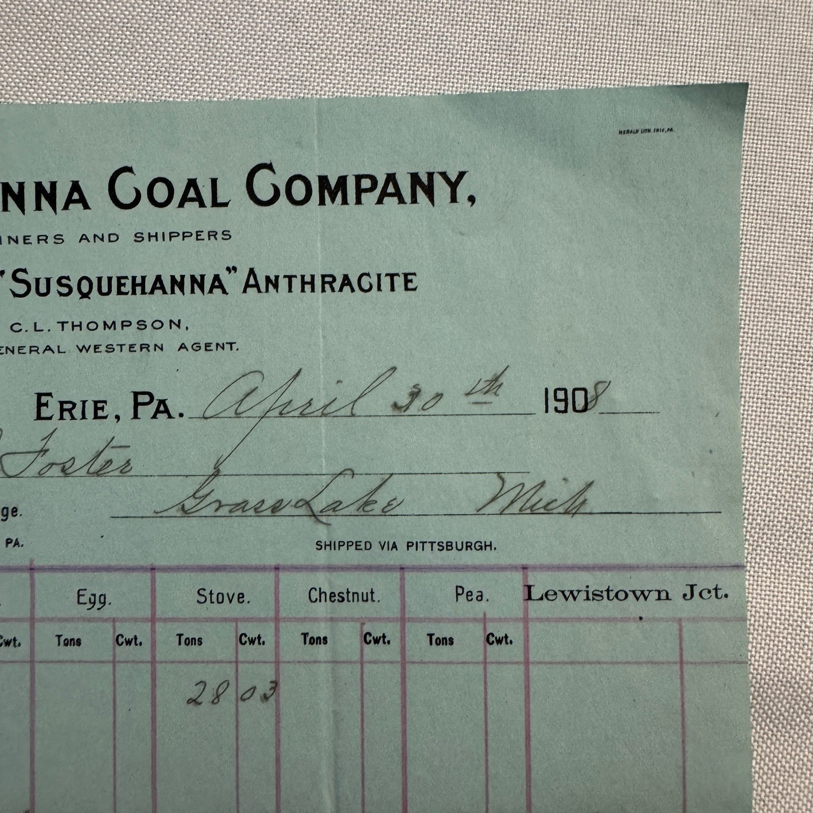 1908 Susquehanna Coal Company Invoice Receipt Document Lot 6x Erie Pennsylvania