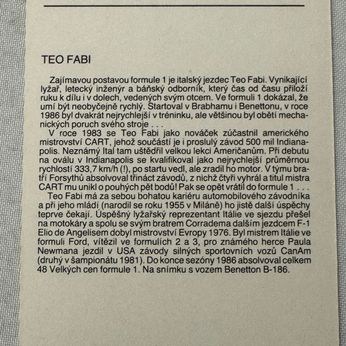 Benetton BMW Formula One F1 Racing Card Postcard Teo Fabi CZECH Text