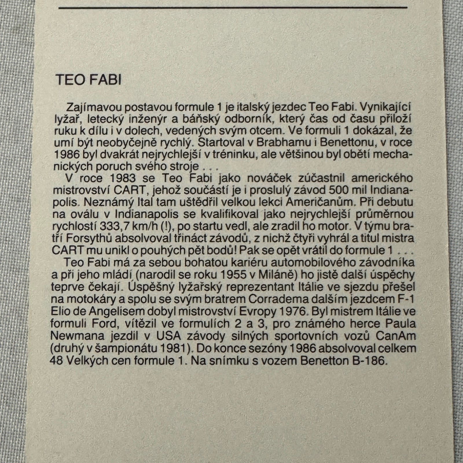 Benetton BMW Formula One F1 Racing Card Postcard Teo Fabi CZECH Text