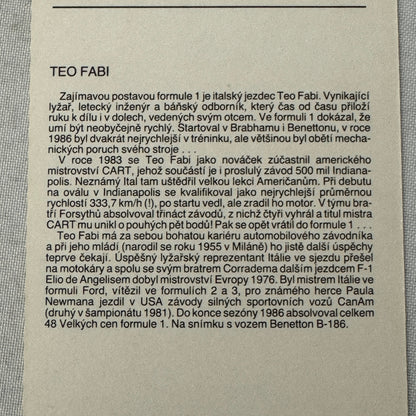 Benetton BMW Formula One F1 Racing Card Postcard Teo Fabi CZECH Text