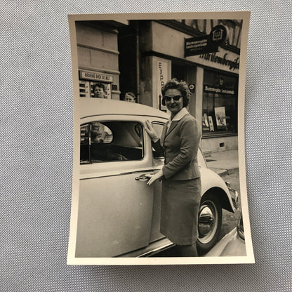 Vintage Photo Photograph Snapshot Woman with VW Volkswagen Beetle Bug Car