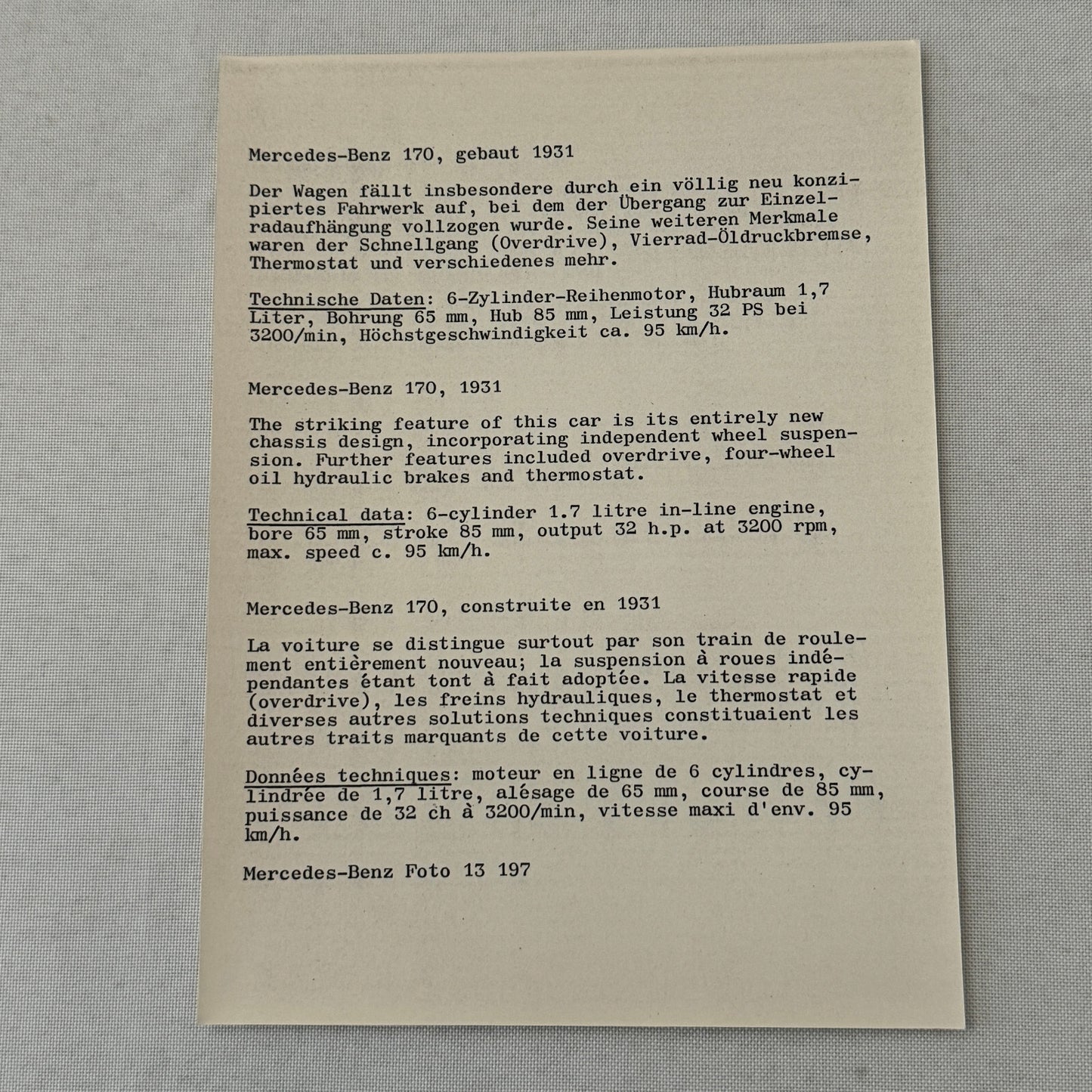 1931 Mercedes Benz 170 Car Factory Press Photo Photograph Print