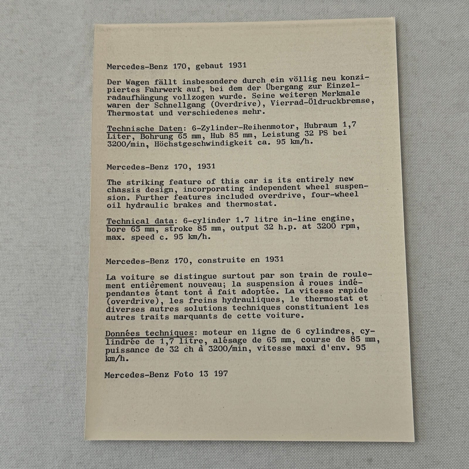 1931 Mercedes Benz 170 Car Factory Press Photo Photograph Print