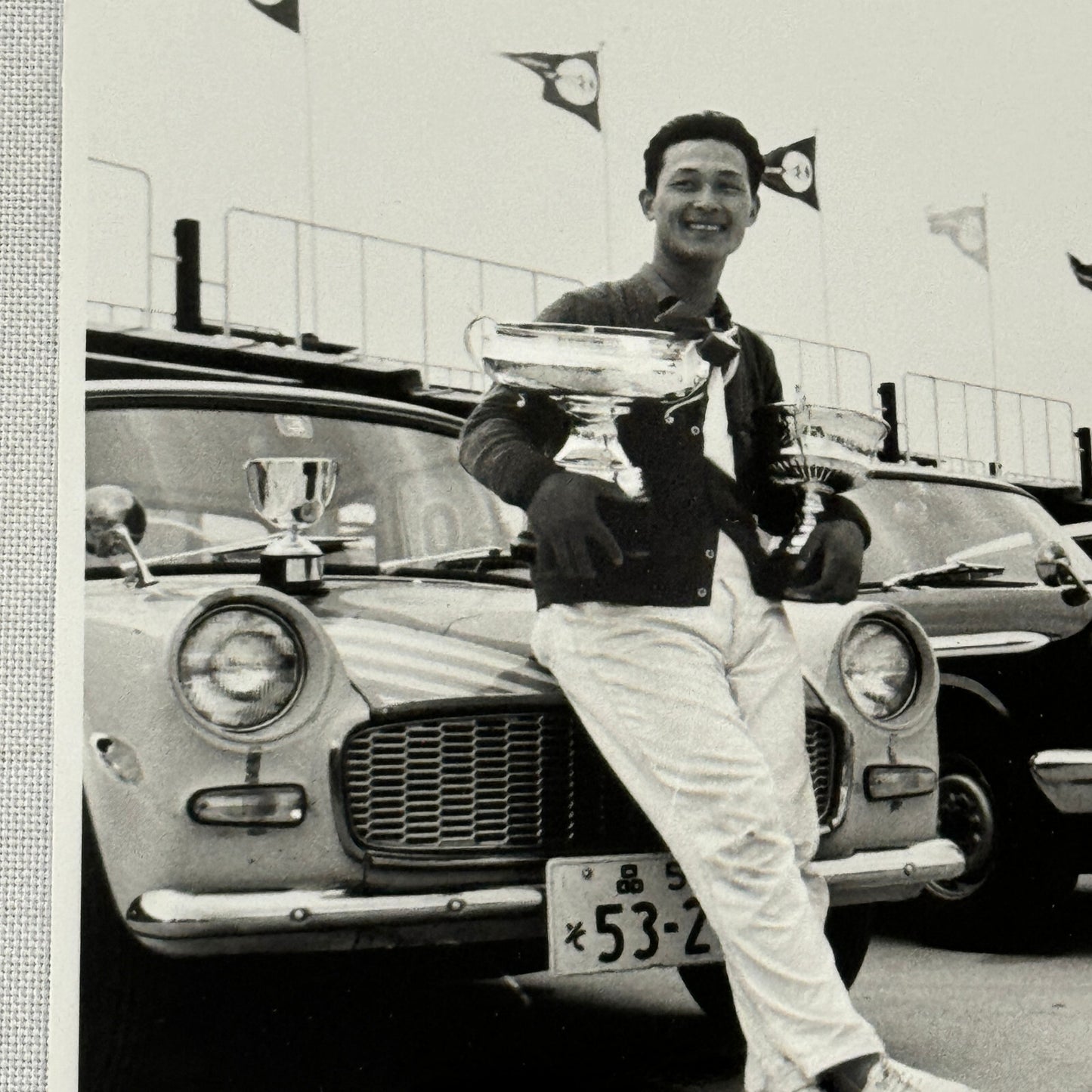 Vintage Toyota Car Factory Photo Photograph Drivers with Trophies Rally Race