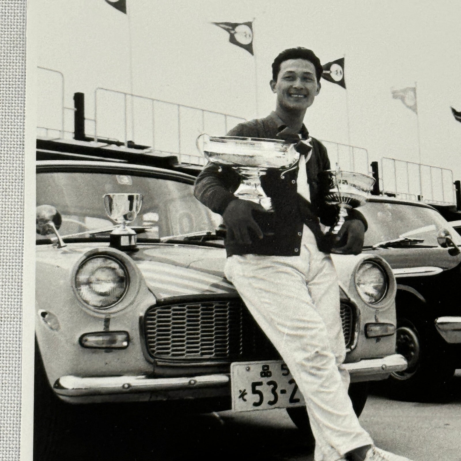 Vintage Toyota Car Factory Photo Photograph Drivers with Trophies Rally Race