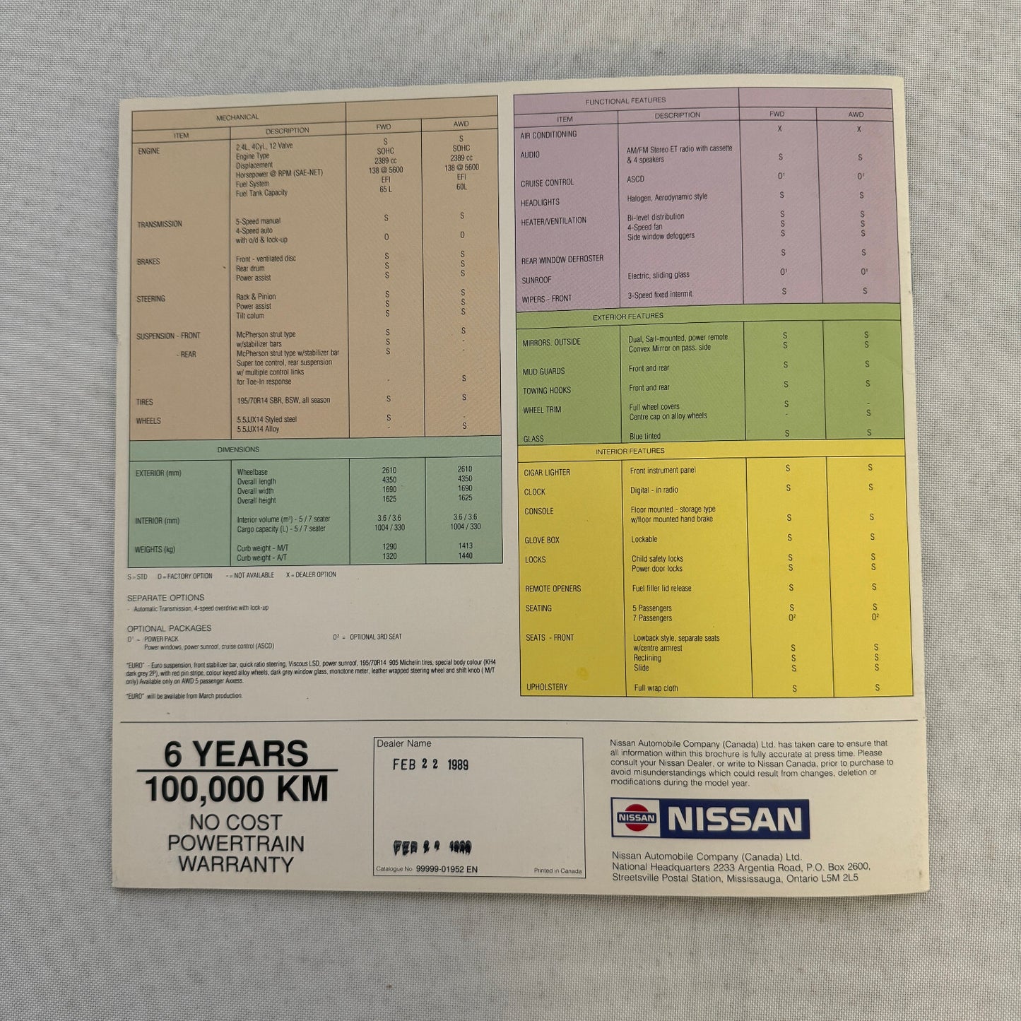 1990 Nissan Axxess Car Sales Brochure Catalog Vintage Advertising Canadian