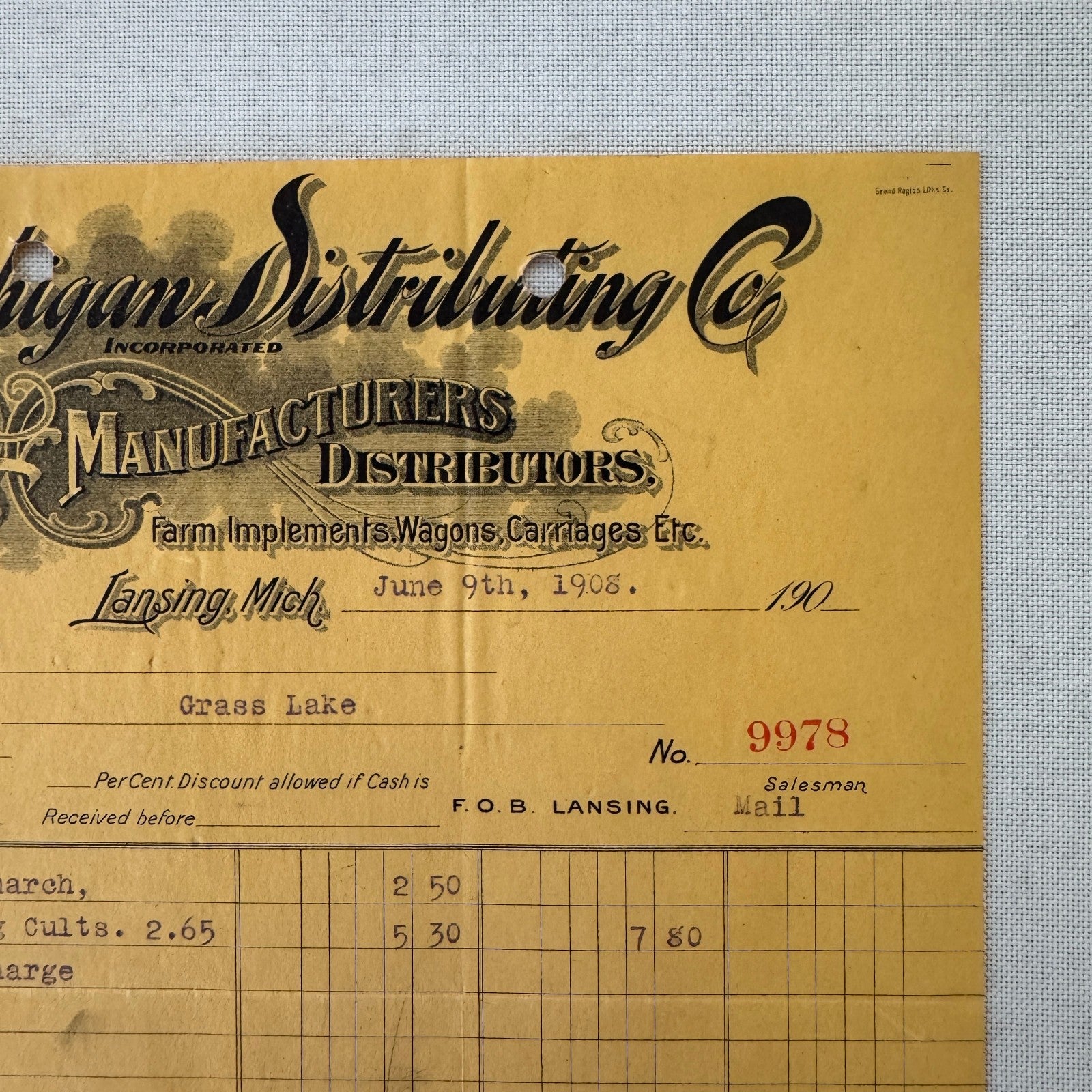 Michigan Distributing Company Farm Implements Carriages 1908 Document Lansing