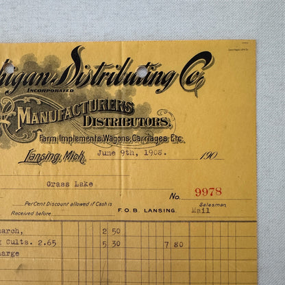 Michigan Distributing Company Farm Implements Carriages 1908 Document Lansing