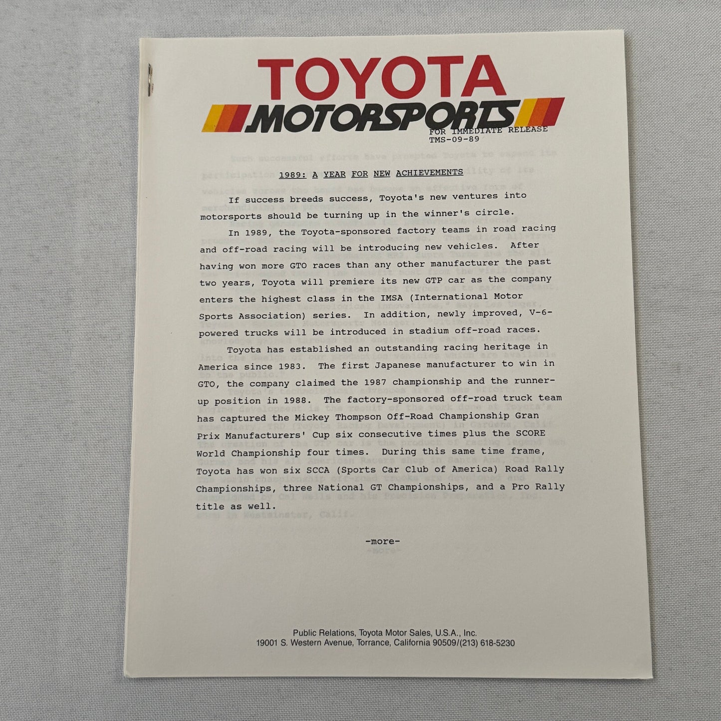 1989 Toyota Motorsport Racing Press Kit Dan Gurney Willy T Ribbs Fangio II