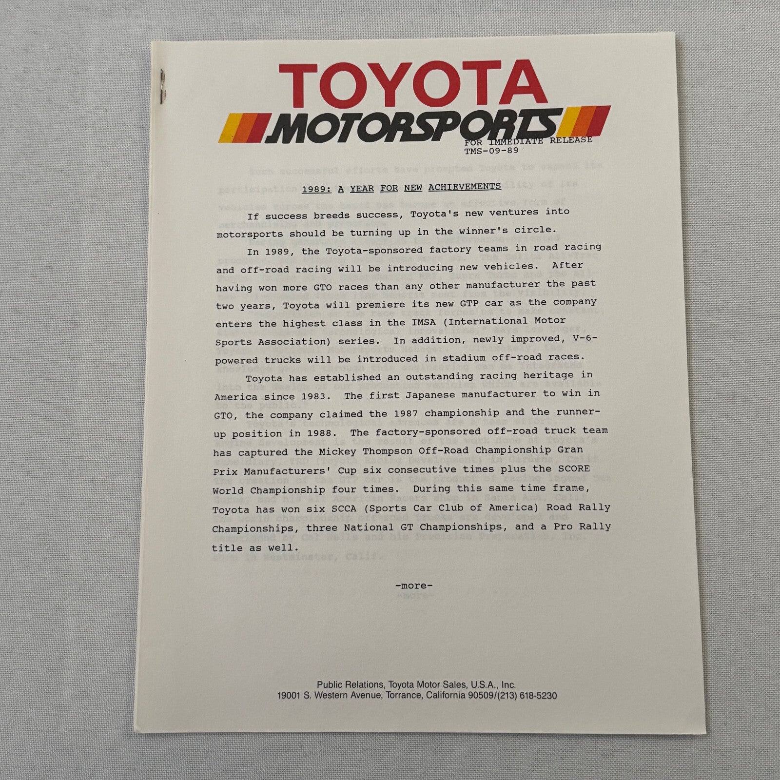 1989 Toyota Motorsport Racing Press Kit Dan Gurney Willy T Ribbs Fangio II