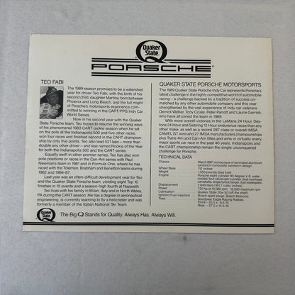 Vintage Porsche Quaker State Indy Racing Car Card Teo Fabi Driver