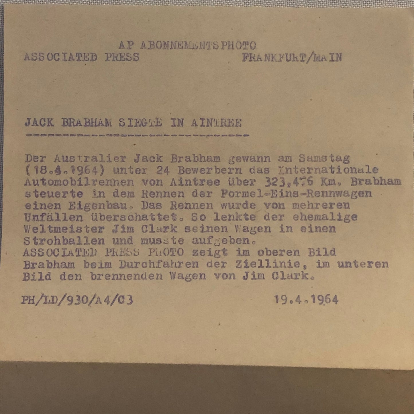 Vintage 1964 Racing Photo Jack Brabham Win and Jim Clark Crash Associated Press