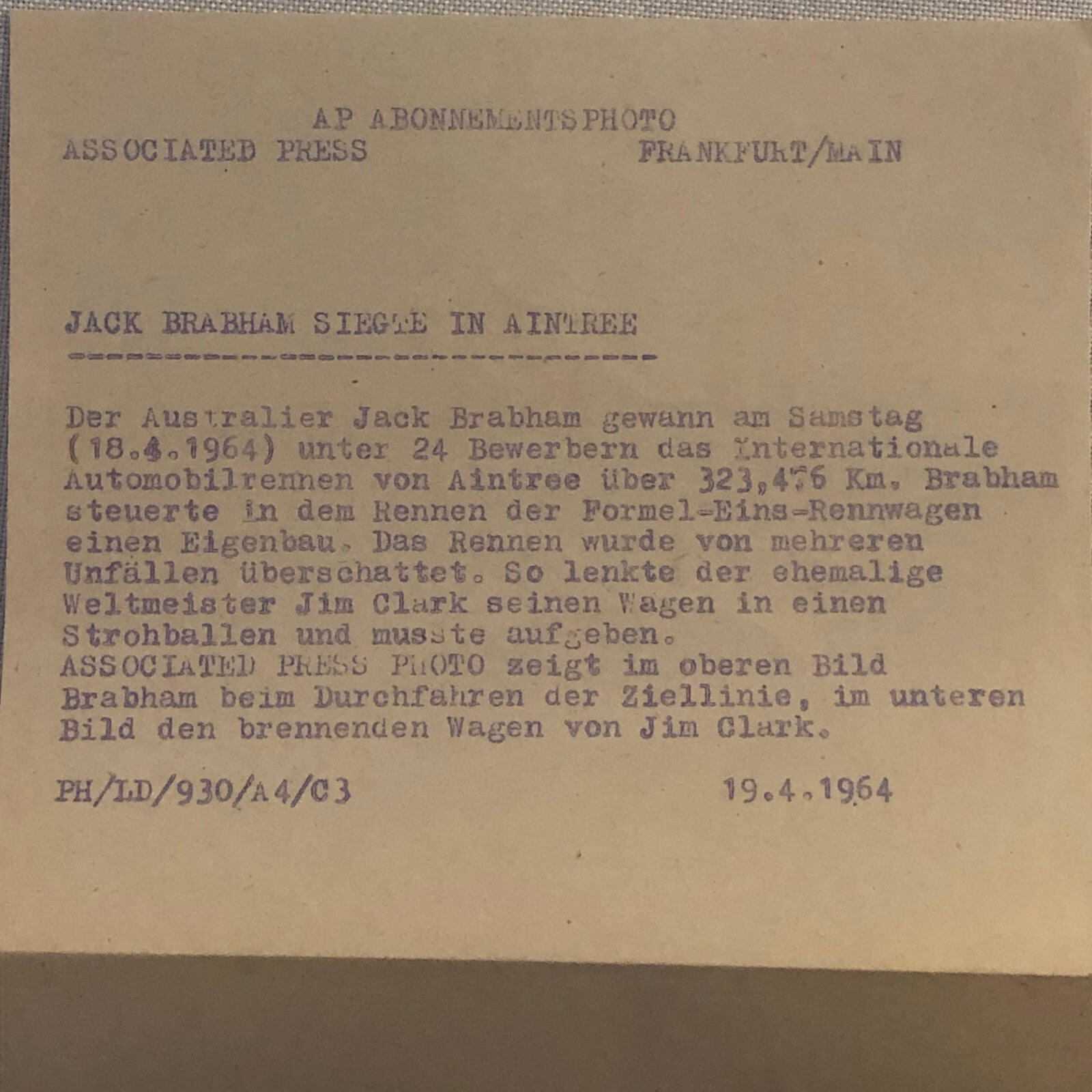 Vintage 1964 Racing Photo Jack Brabham Win and Jim Clark Crash Associated Press