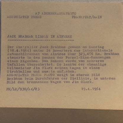 Vintage 1964 Racing Photo Jack Brabham Win and Jim Clark Crash Associated Press