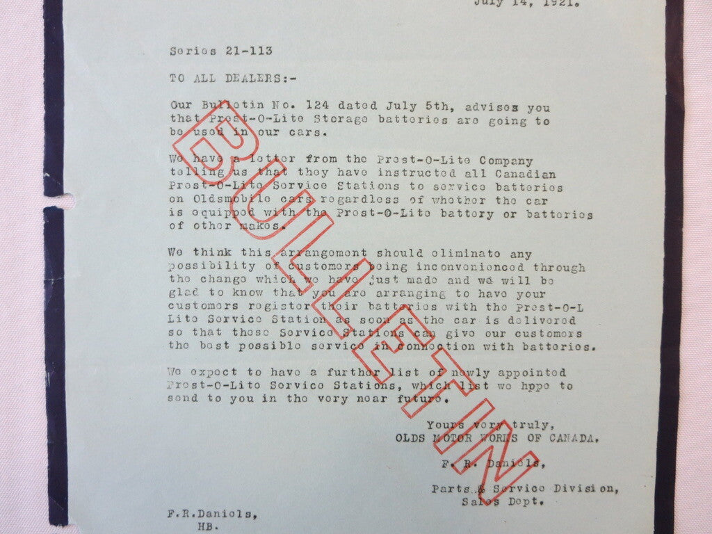 1921 Oldsmobile Dealer Bulletin Letter Prest-O-Lite Batteries Prestolite