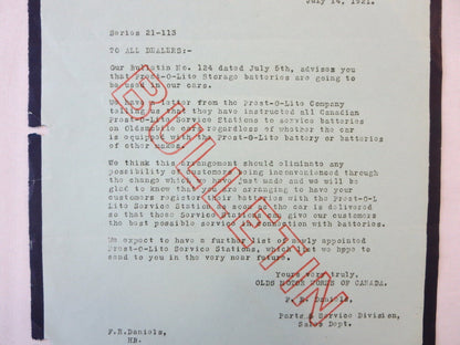 1921 Oldsmobile Dealer Bulletin Letter Prest-O-Lite Batteries Prestolite