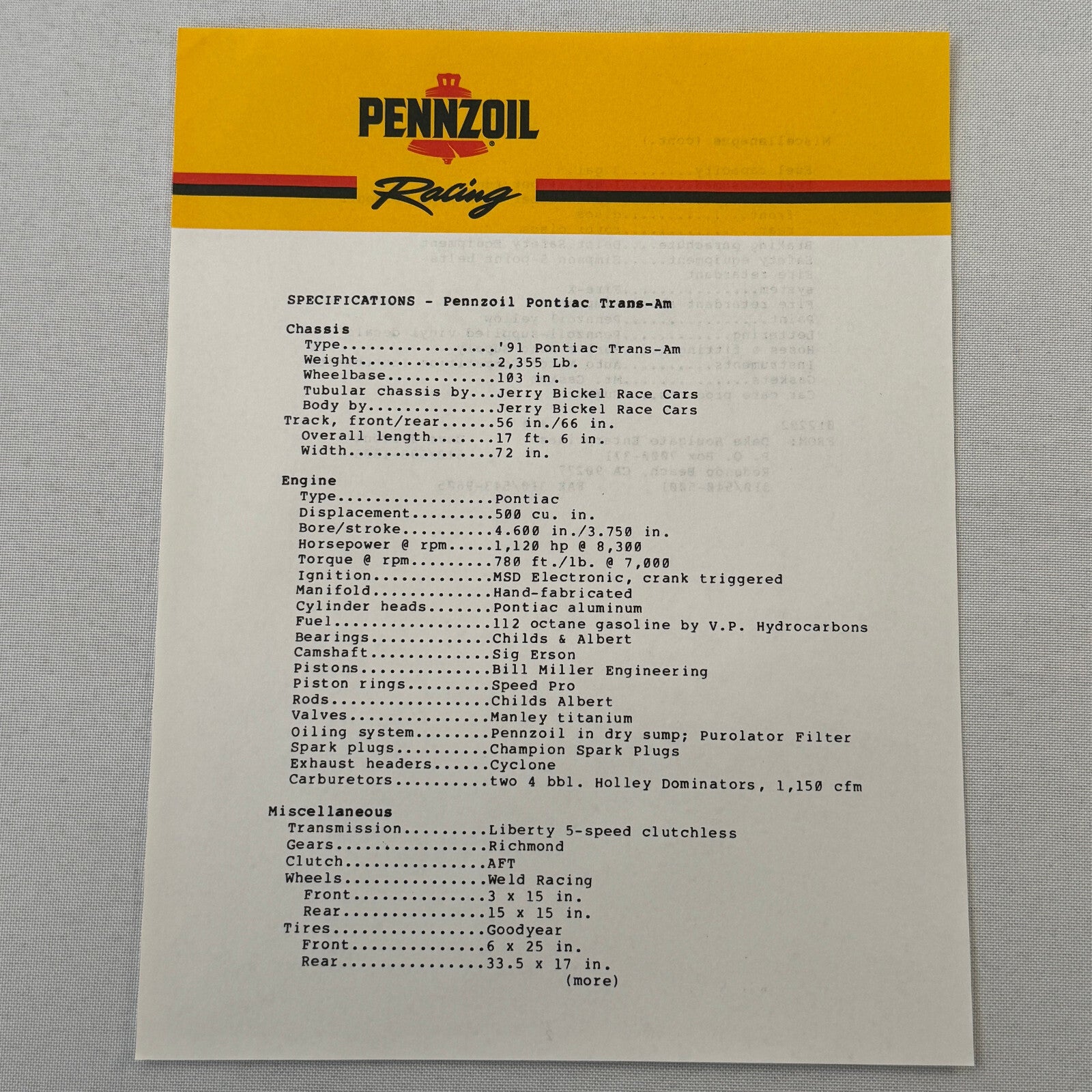 Vintage Pennzoil Racing Press Kit Top Fuel Dragster Pontiac Trans Am