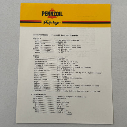 Vintage Pennzoil Racing Press Kit Top Fuel Dragster Pontiac Trans Am