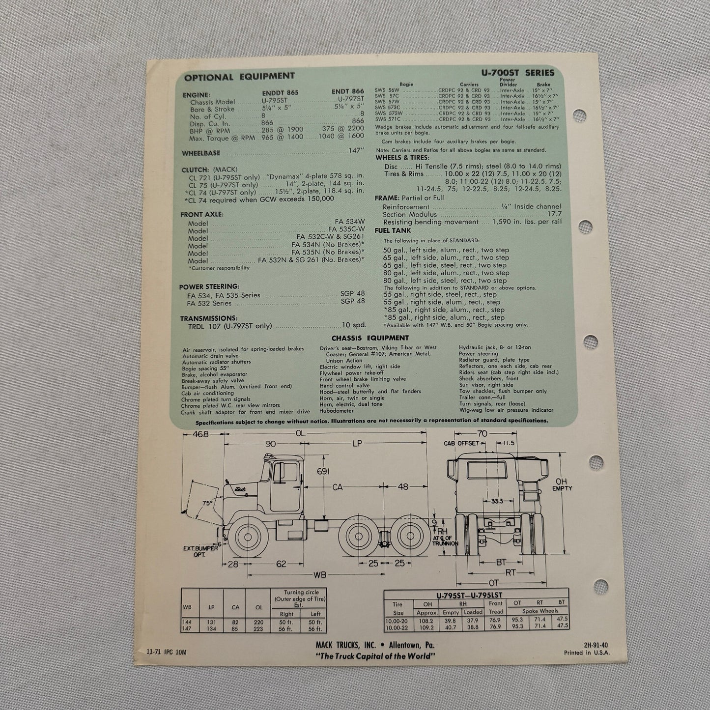 Mack Truck Model U-700ST Series Sales Brochure Catalog Mack U700 ST U700ST