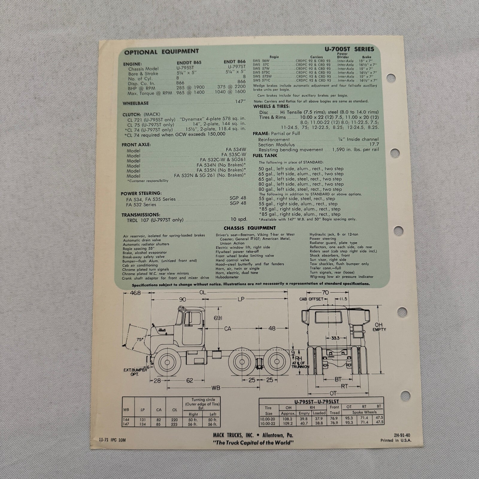 Mack Truck Model U-700ST Series Sales Brochure Catalog Mack U700 ST U700ST