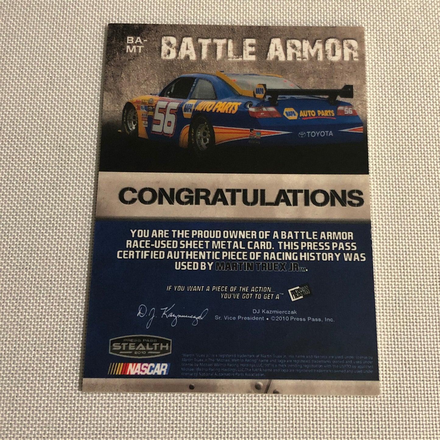 2010 Press Pass Martin Truex Jr Battle Armor Race Sheet Metal Relic Card /225