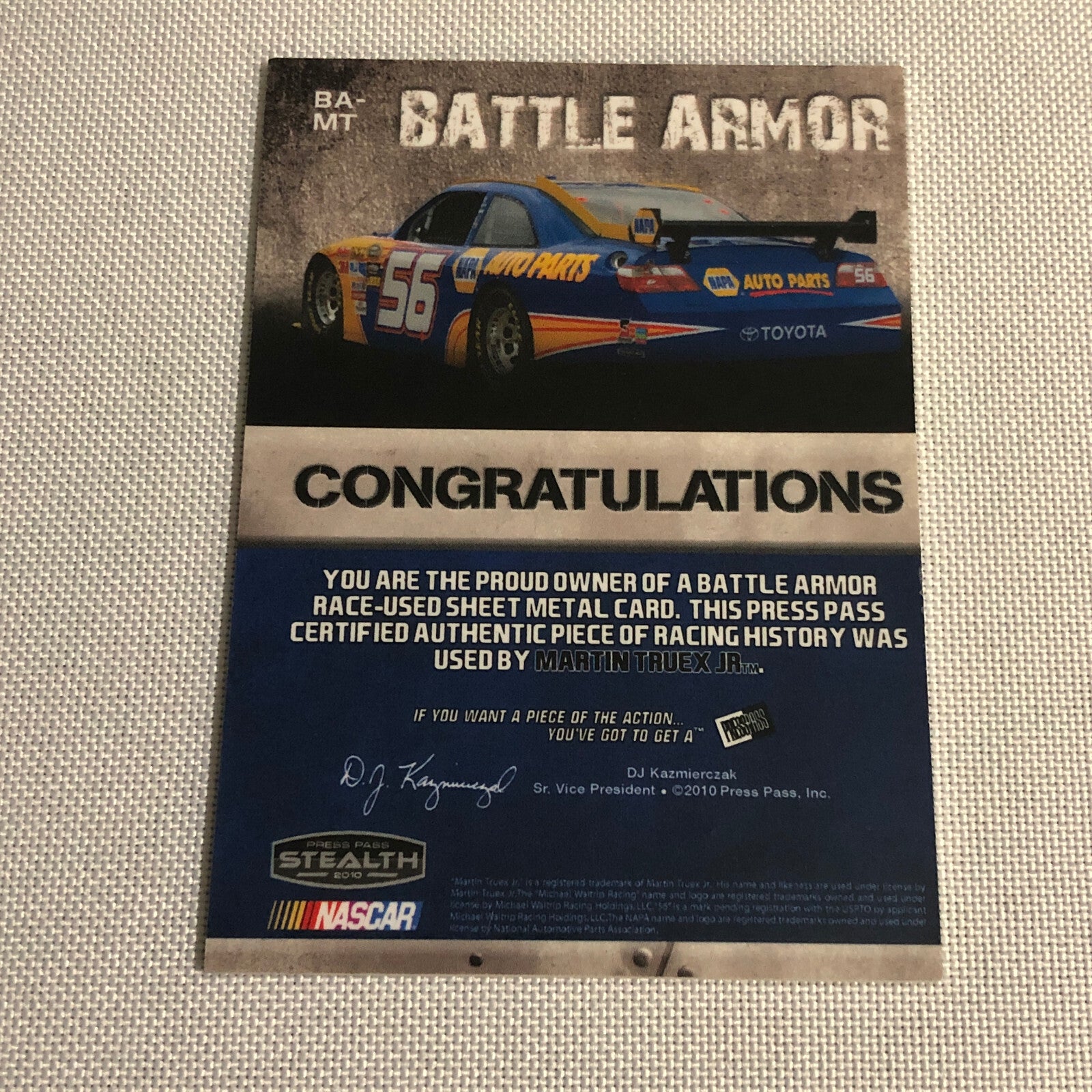 2010 Press Pass Martin Truex Jr Battle Armor Race Sheet Metal Relic Card /225