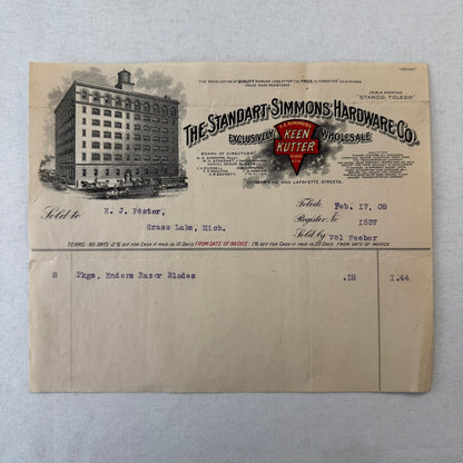 Standart Simmons Hardware Keen Kutter Receipt Letterhead Document 1908 Antique