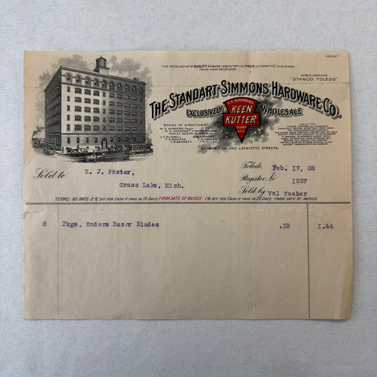 Standart Simmons Hardware Keen Kutter Receipt Letterhead Document 1908 Antique