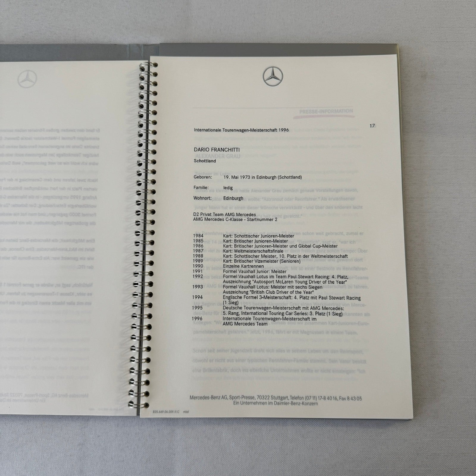 1996 Mercedes ITC AMG Racing Press Kit Dario Franchitti Ellen Lohr Kurt Thiim