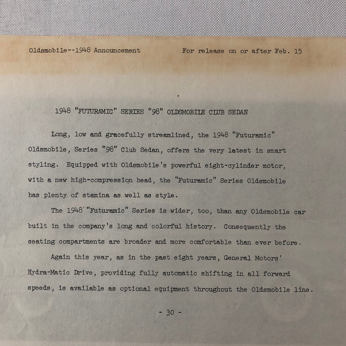 1948 Oldsmobile Series 98 Futuramic Club Sedan Factory Press Photo Photograph