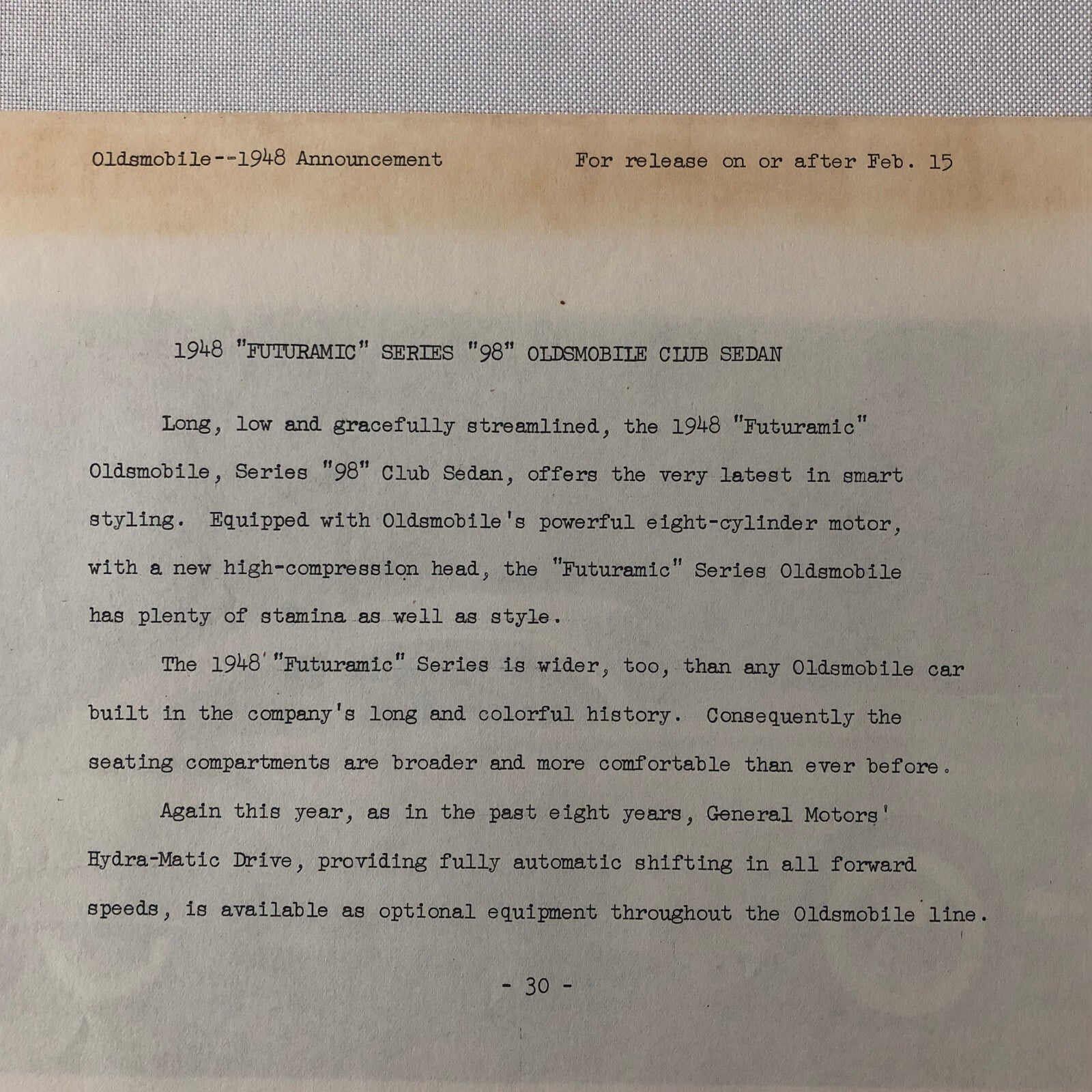 1948 Oldsmobile Series 98 Futuramic Club Sedan Factory Press Photo Photograph