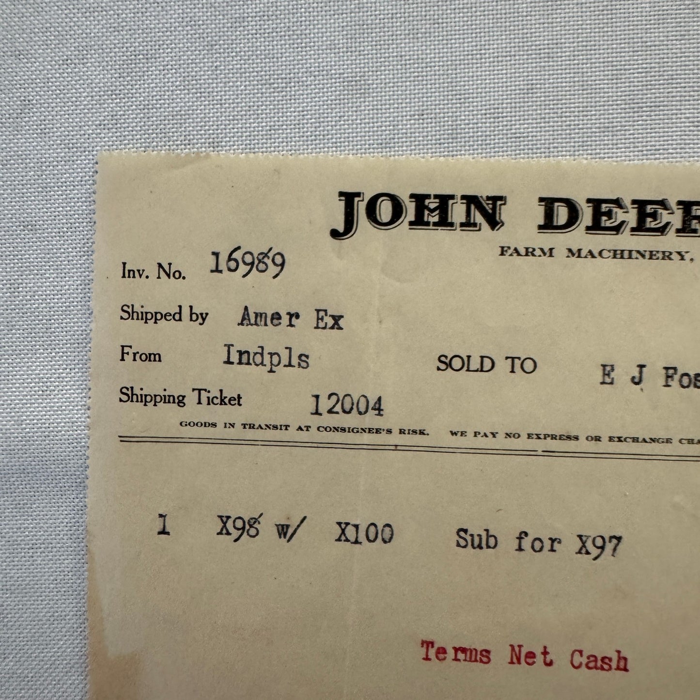 1908 John Deere Plow Company Antique Document Receipt Invoice Farm Equipment