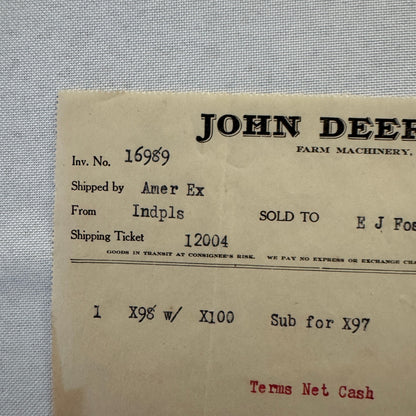 1908 John Deere Plow Company Antique Document Receipt Invoice Farm Equipment