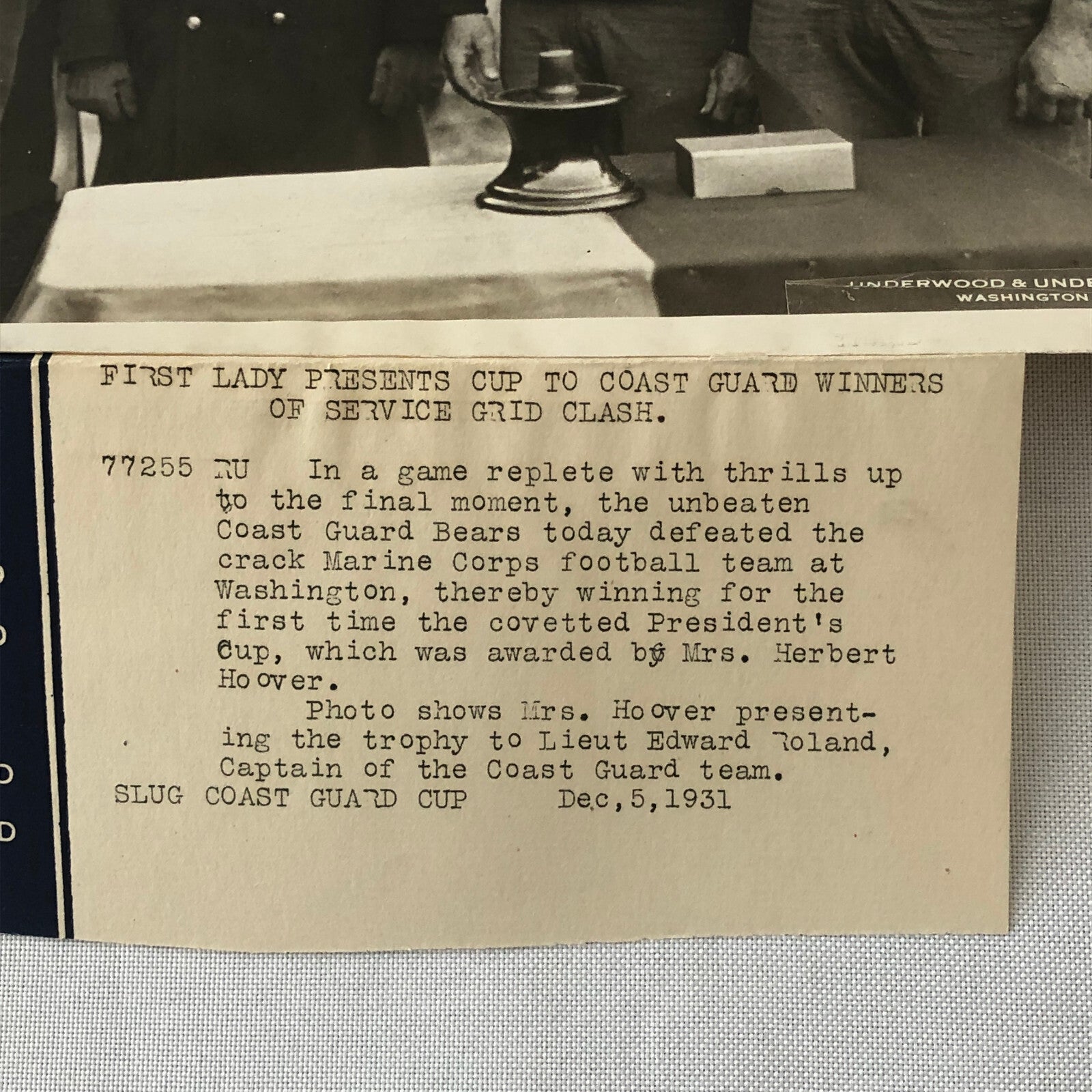 Press Photo Photograph First Lady Lou Henry Hoover Coast Guard Marines Football