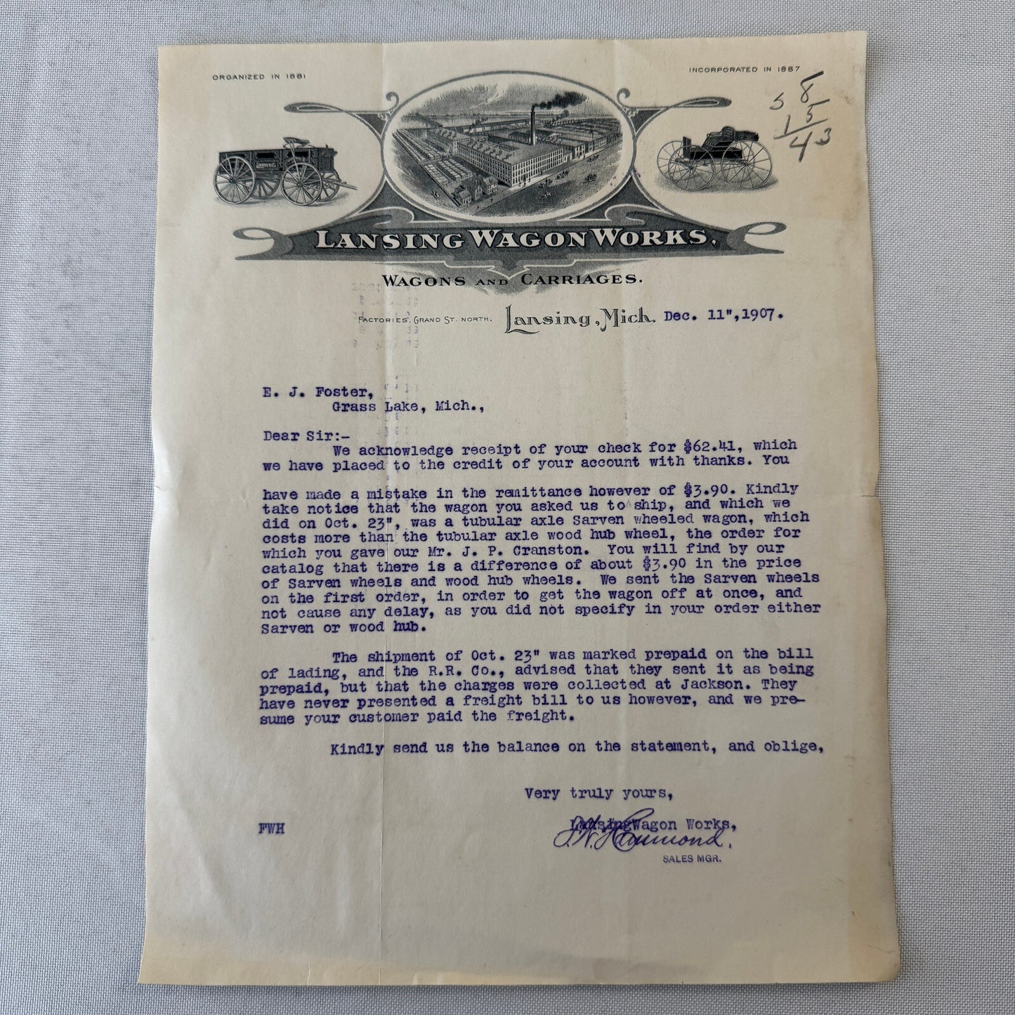 Lansing Wagon Works Wagons Carriages Vintage Document Letterhead Letter 1907
