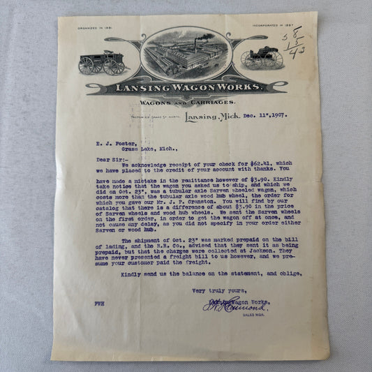 Lansing Wagon Works Wagons Carriages Vintage Document Letterhead Letter 1907