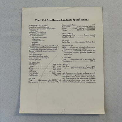 1985 Alfa Romeo Graduate Convertible Sales Sheet Brochure Advertising