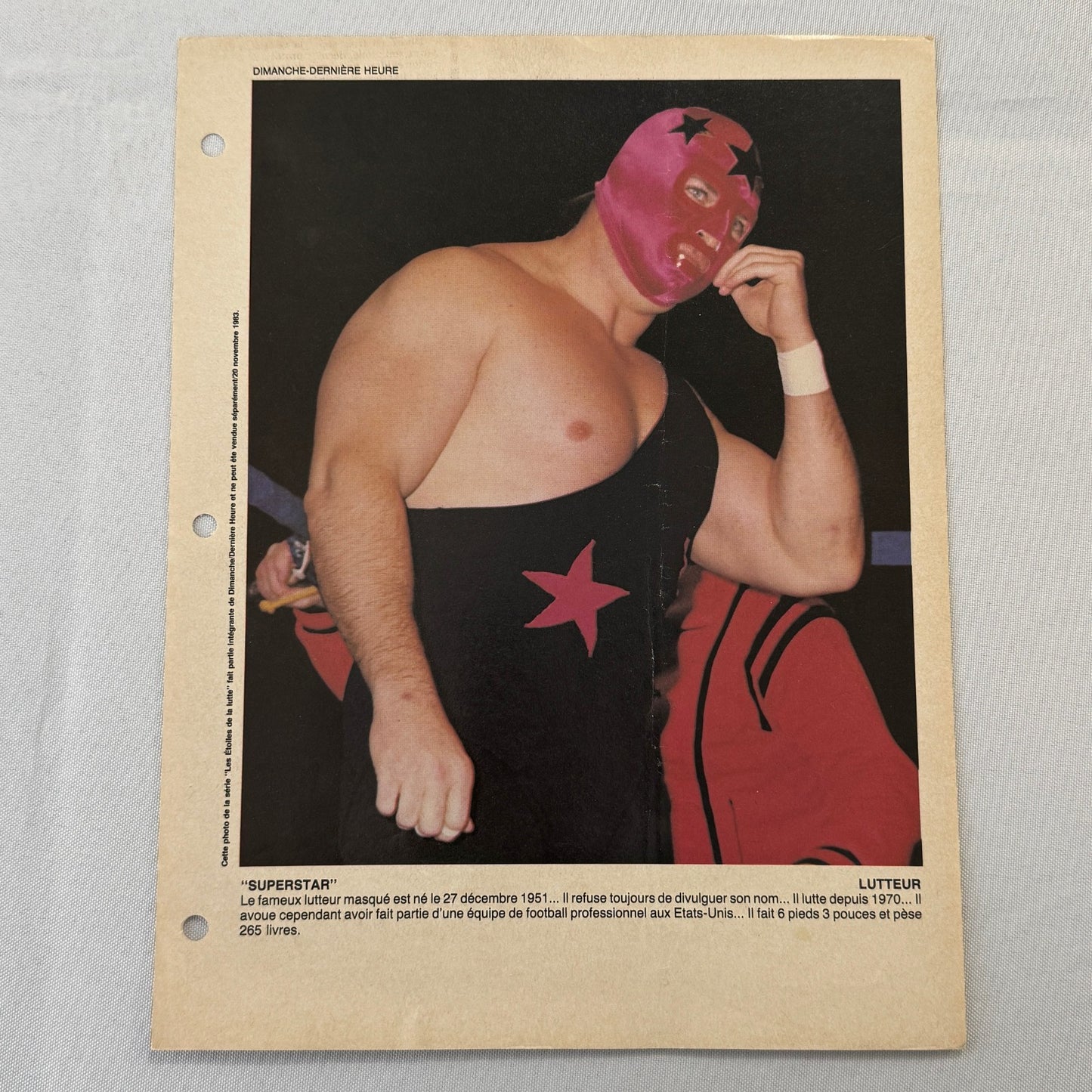 Vintage Wrestling Print Insert Masked Wrestler Superstar 1983