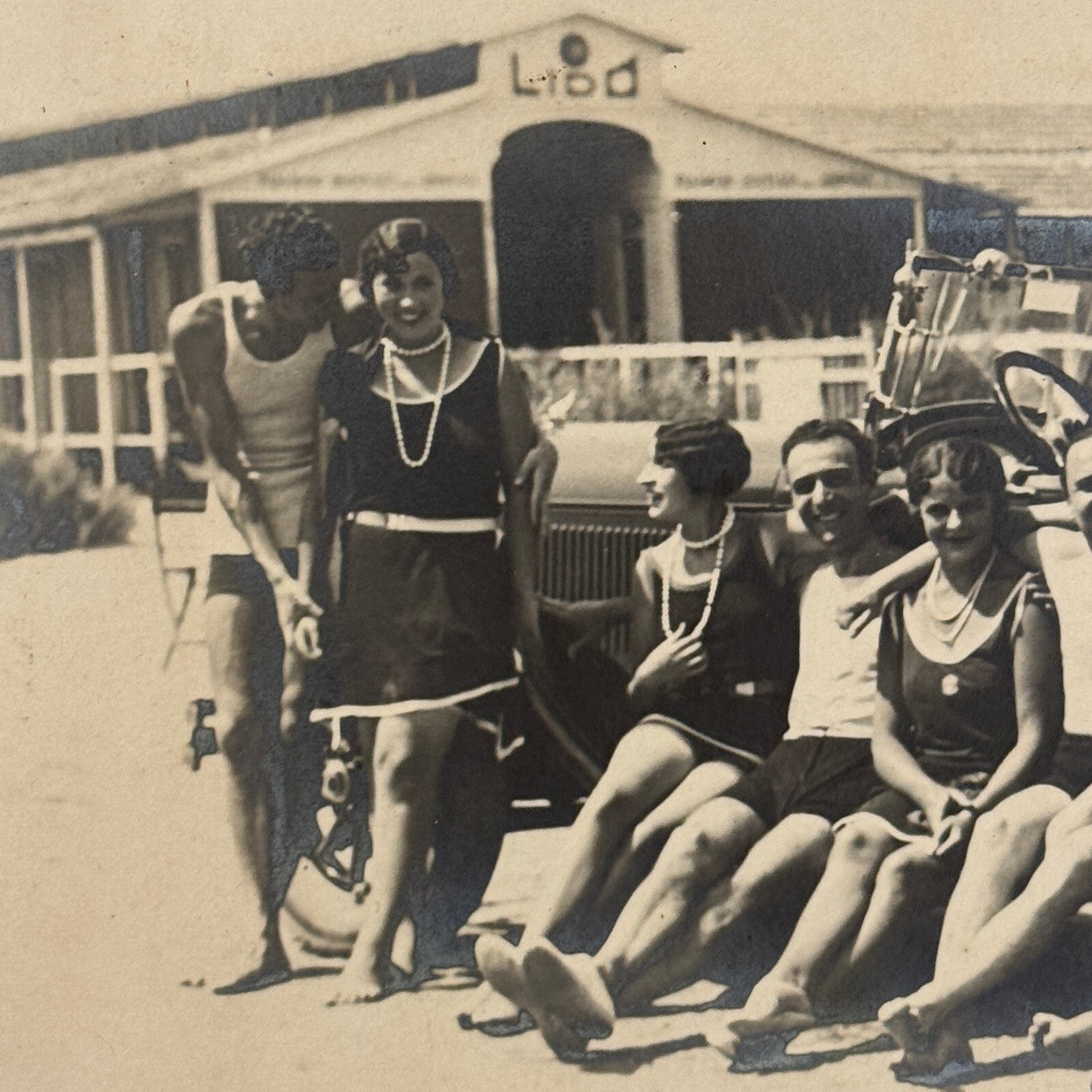 Antique Photo Photograph People on Beach with Early Automobile Car