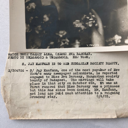 Press Photo Photograph Society Girl Engagement to Newspaper Columnist 1925 NY