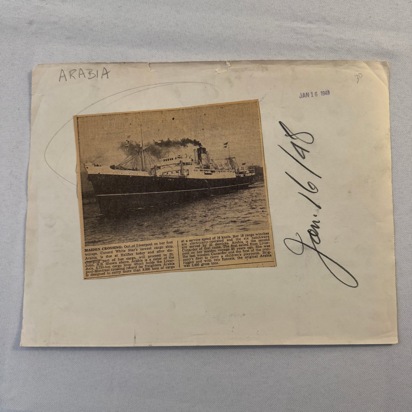 Cunard Line Arabia Ship Boat Press Photo Photograph 1948 Vintage Halifax